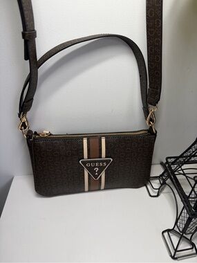 GUESS Brown Logo Crossbody with Center Stripe and Gold Hardware